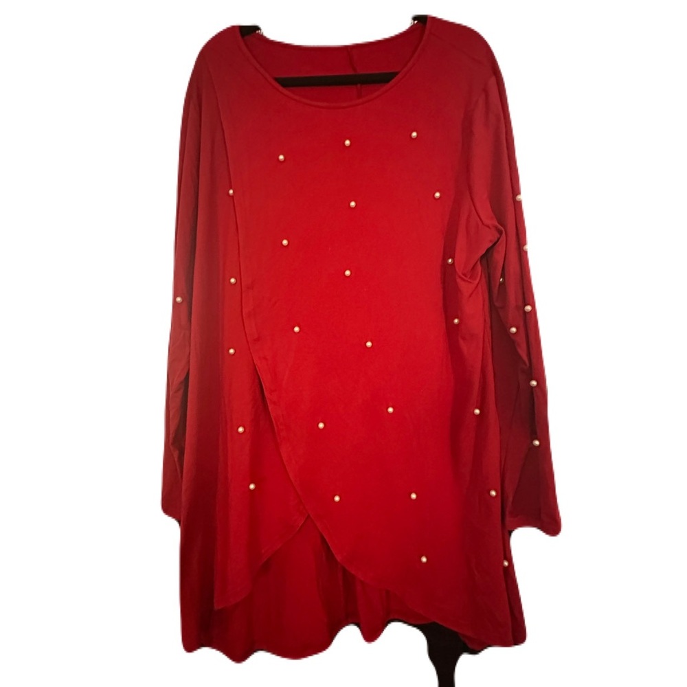 Red Long Sleeve Top with Pearl Accents